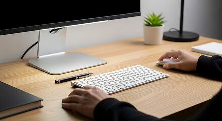 Person using computer with keyboard pen book and plant on wooden desk in office environment setup