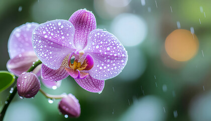 Naklejka premium Close-up of purple orchid in the rain, petals adorned with water droplets, natural bokeh background, vibrant colors, refreshing atmosphere, perfect for floral and nature design