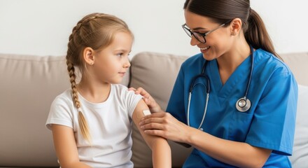 Nurse giving injection to a young girl patient in arm