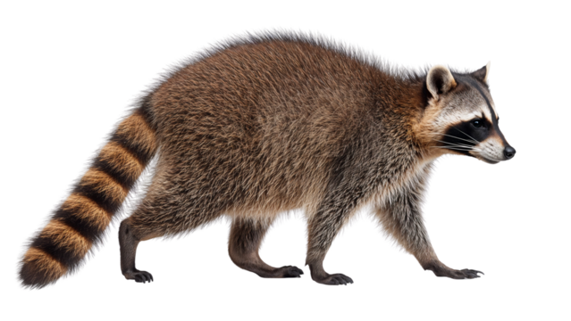 Walking raccoon in side view with bushy striped tail and masked face, natural forest background removed, real look, full view, on white background, 4k, unique, no blur, clear view