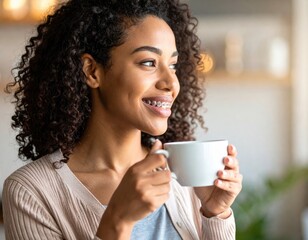 A smiling young woman with braces enjoys a warm drink and looks away.