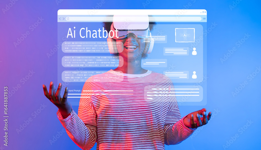 Poster a joyful individual engages with a virtual reality ai chatbot interface, highlighting the fusion of 