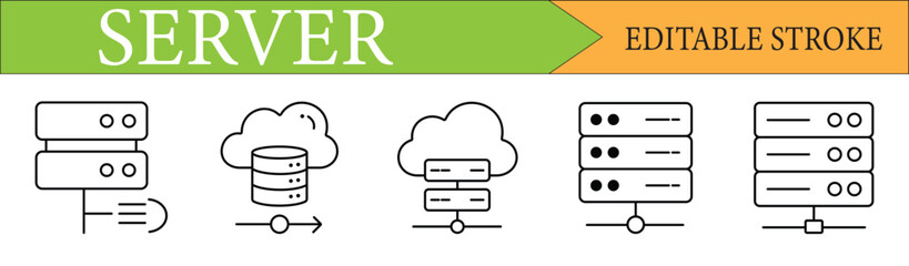 Server linear icons set. Customizable symbols for data centers, cloud computing, web hosting, and network storage. Editable stroke.