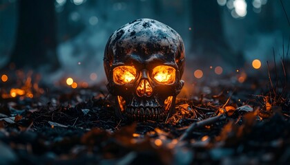 Skull ablaze in a mystical forest