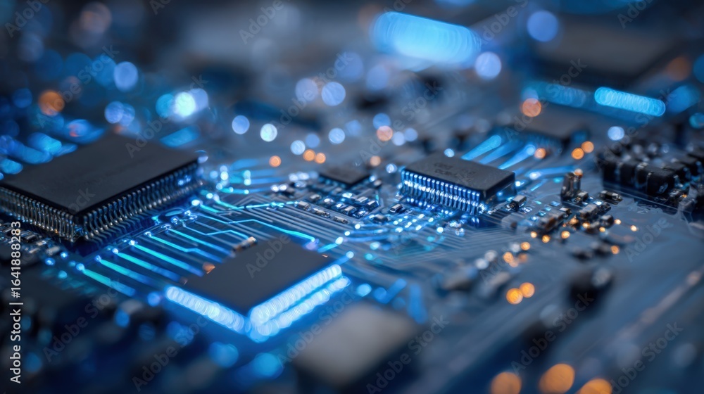 Poster illuminated circuit board close-up: modern technology and high-tech engineering components for innov
