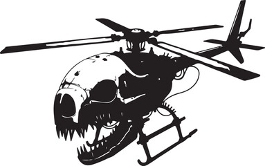 Black silhouette of a helicopter with a skull face design on a white background aircraft rotorcraft