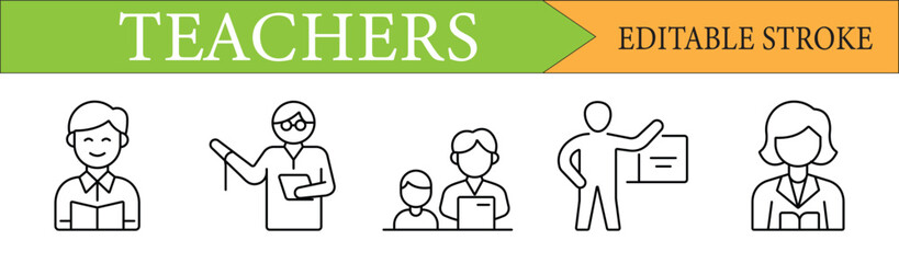 Teachers linear icons set. A customizable collection of symbols for educators, tutors, school staff, and professors. Editable stroke.