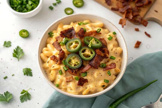 Spicy mac and cheese with bacon and jalape os delicious comfort food high resolution photo