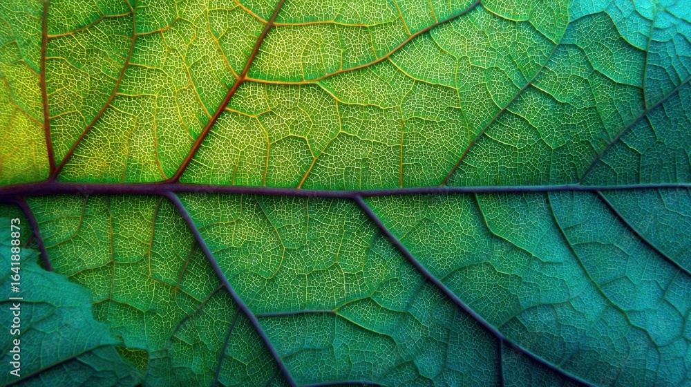 Poster vivid green leaf with detailed veins and texture, illuminated by gentle light, creating a captivatin