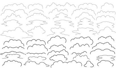 50 sets of thin and thick line doodle shapes to complete the image of clouds, leaves, grass, and sea waves isolated on a white background. Vector