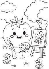 Coloring book page of a tomato painting a flower on a canvas in the garden.