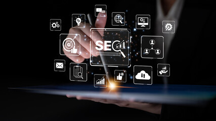 SEO concept for improving SEO visibility, with SEO related digital tools and SEO performance icons shown in an focused layout for strategic marketing. Spline