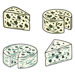 A vector illustration featuring four cheese Roquefort and Dorblu , showcasing both whole rounds and wedge slices with detailed veining and mold patterns, ideal for culinary designs.