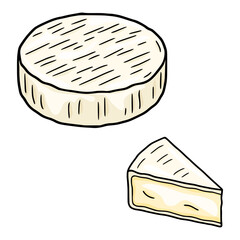 Hand-drawn vector illustration of a Brie cheese wheel and a slice, showcasing a creamy interior and detailed rind texture.