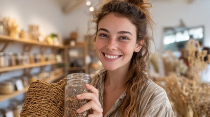 A cheerful woman with long brown hair smiles while holding a jar filled with grains in a charming natural food store. Shelves are stocked with organic products.