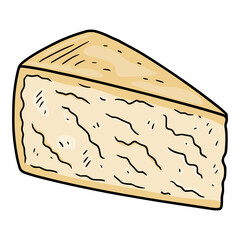 A vector illustration of a wedge of Parmigiano cheese with a hand-drawn style, featuring irregular lines and subtle texture details, perfect for food blogs or packaging design.
