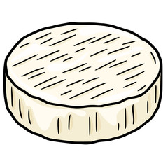Hand-drawn vector illustration of a round Brie cheese wheel with a unique textured surface, featuring a creamy beige color and bold black outlines, ideal for culinary designs and food-related