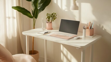 Laptop on desk with plants, pens in a home office setting during daytime