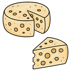 Delightful vector illustration of a round Maasdam cheese wheel with a slice removed, accompanied by a separate wedge, showcasing a cartoonish style and creamy pale yellow hue.