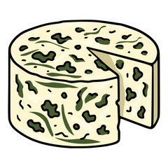 A vector illustration of a Roquefort cheese wheel with dark green mold, a slice removed, showcasing a hand-drawn style with bold outlines and organic texture.