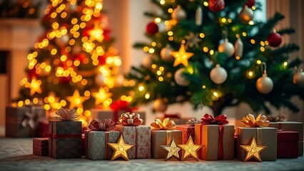 Festive holiday setup with decorated tree and gift boxes, evoking warmth and seasonal joy.