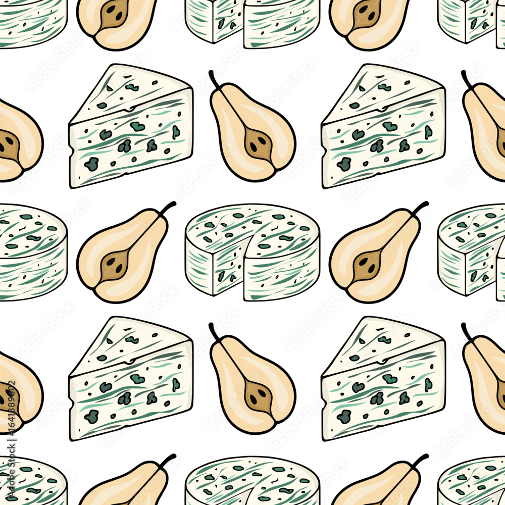 Poster seamless vector pattern of hand-drawn blue cheese wedges and pear halves, featuring a unique style w