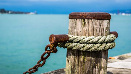 Rusty wooden mooring post with rope and chain