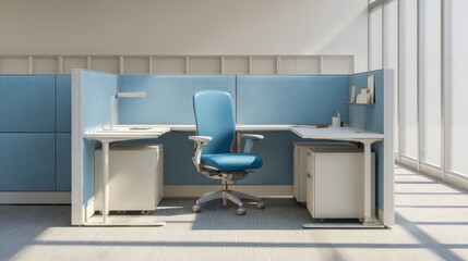 Modern Office Workstation with Ergonomic Chair and Blue Paneling for Enhanced Productivity and Comfort