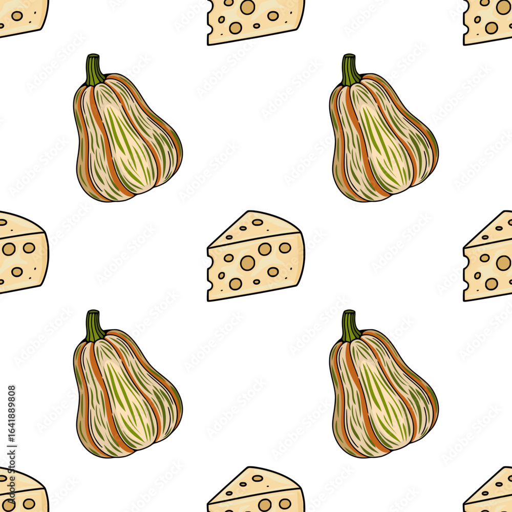 Poster seamless vector pattern featuring hand-drawn illustrations of striped gourds and slices of cheese, c