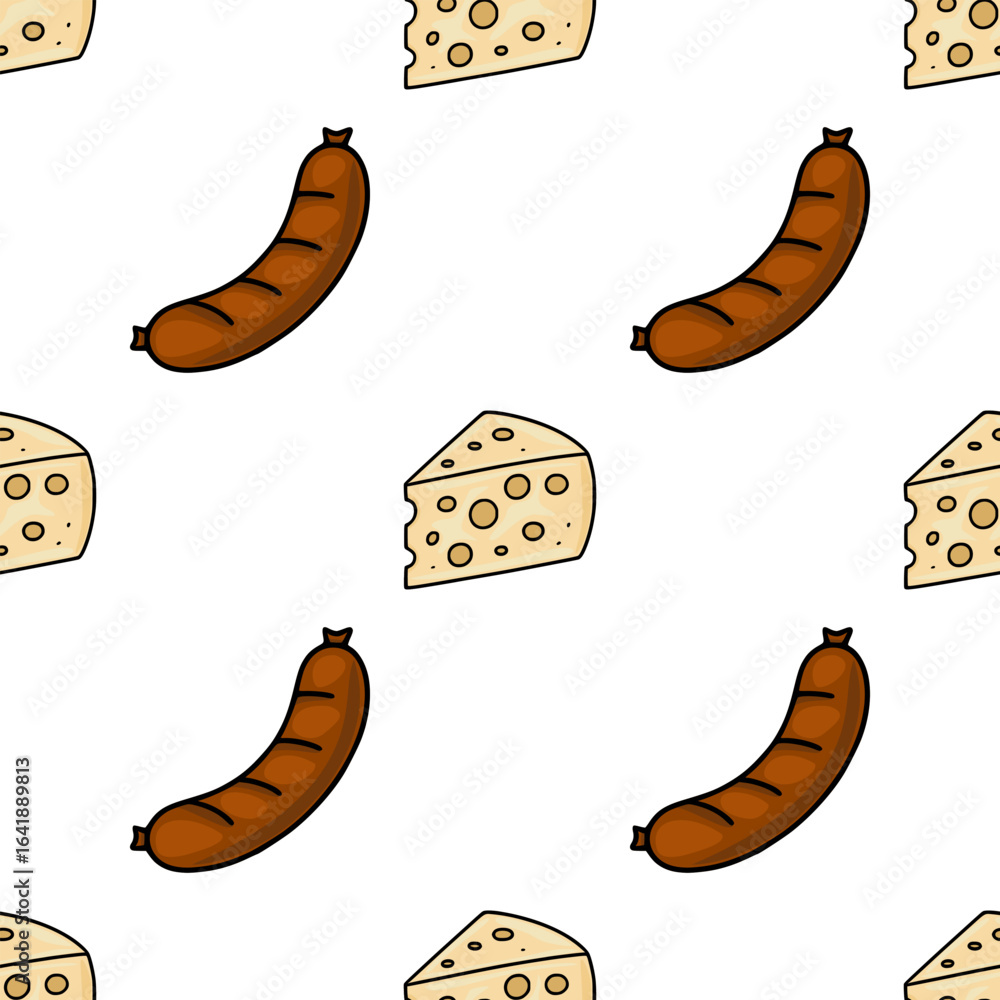 Poster seamless vector pattern featuring a playful illustration of brown sausages and yellow cheese wedges,
