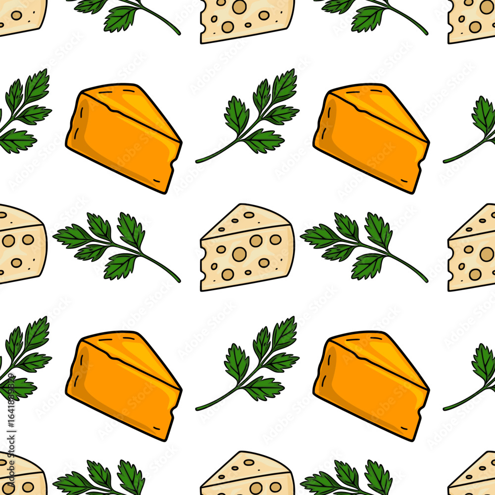 Poster seamless vector pattern featuring hand-drawn illustrations of cheddar and swiss cheese wedges inters