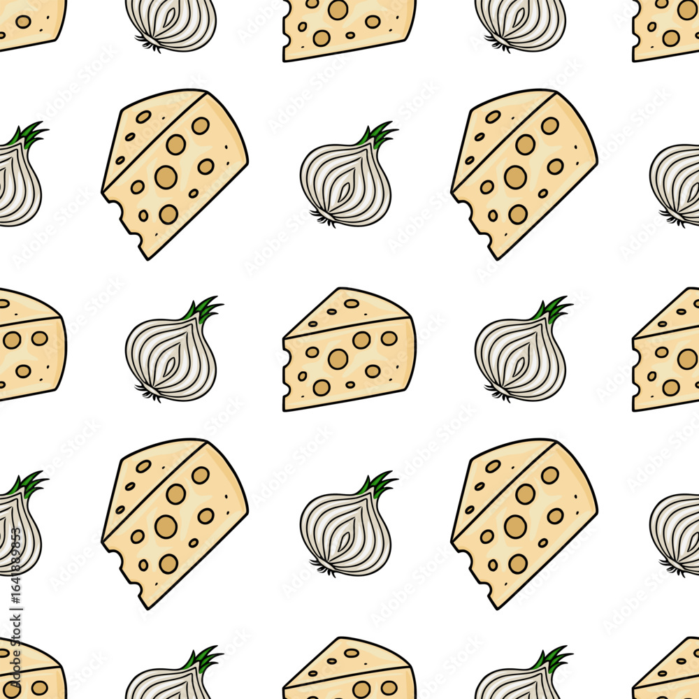 Poster seamless vector pattern featuring hand-drawn illustrations of cheese wedges and onions, creating a p
