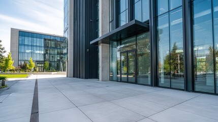 Obraz premium Modern Commercial Buildings with Glass Facades, Contemporary Architecture, and Well-Maintained Exterior in Sunny Daylight