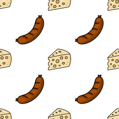 Seamless vector pattern featuring a playful illustration of brown sausages and yellow cheese wedges, creating a cheerful and appetizing design perfect for food-related projects.