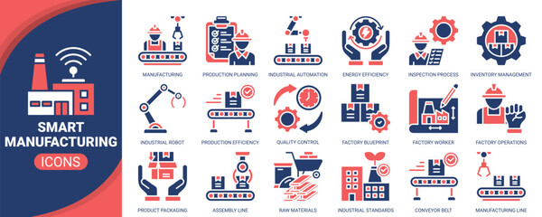Smart manufacturing icon set. Containing icon of smart factory, industrial robot, assembly line, conveyor belt, quality control and more. Solid vector icons collection.