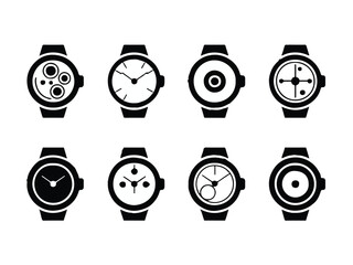 Collection of eight black and white watch icons time