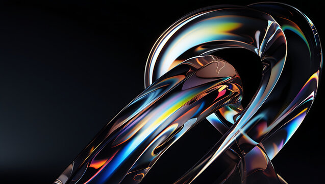 Prismatic fluid sculpture. Abstract 3D render of intertwined glass ribbons with iridescent spectrum reflections. Dark background enhances neon gradient light and liquid wave texture. Digital art.