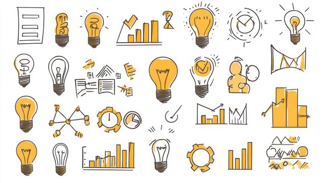 A collection of light bulb illustrations and graphs, symbolizing ideas and business concepts.