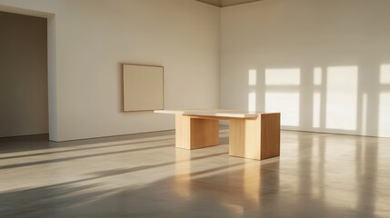 Fototapeta premium Minimalist wooden table, art gallery, sunlight, modern interior, design