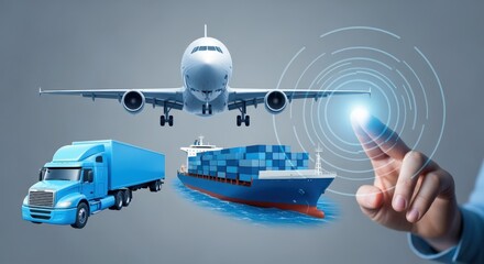 Fototapeta premium Global Logistics and Transportation Network: Airplane, Cargo Ship, and Truck with Hand Interface