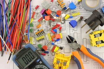 Electrical Installation Tools and Materials for Electrical Switchboard Assembly. Close-up. Soft...
