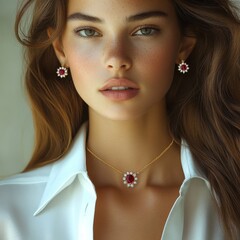 Elegant woman showcasing beautiful necklace featuring red jewel and floral design, complemented by matching earrings in a bright and stylish setting