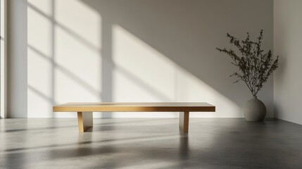 Minimalist wooden bench in sunlit room, vase background, home decor