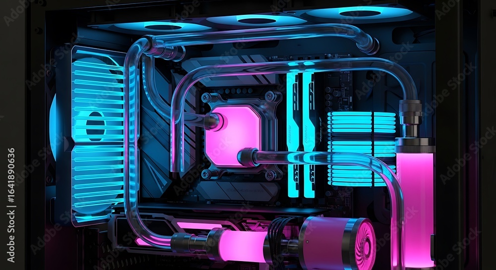 Poster a custom built high end gaming computer with water cooling and colorful rgb lighting throughout the 