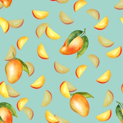 Hand-drawn seamless pattern with ripe mango fruits, juicy slices, and green leaves on a vibrant blue background