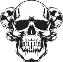 Obraz premium Black and white illustration of a human skull with mechanical turbine wheels on the sides head bone