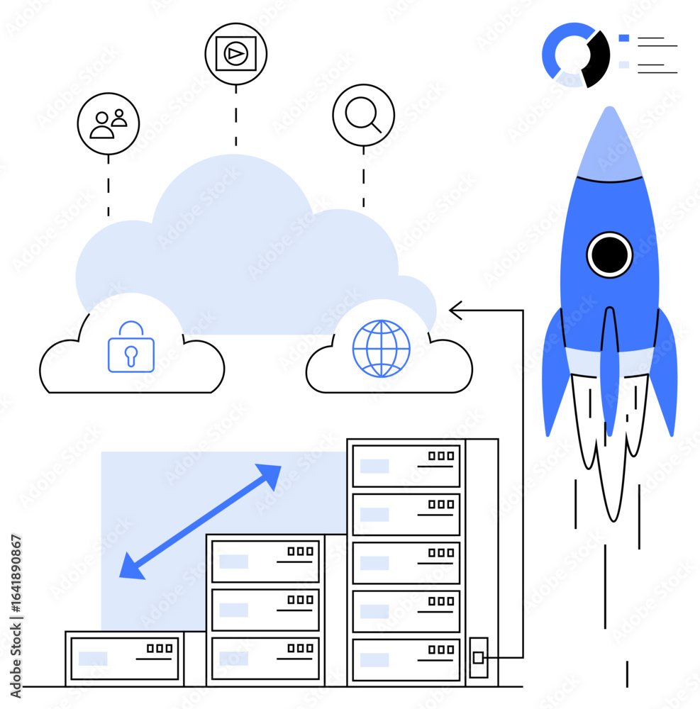 Poster rocket launching next to server stacks, secure cloud platforms, and global connections, symbolizing 