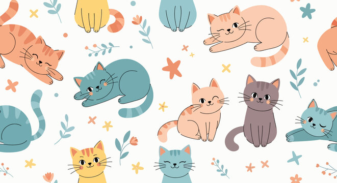 Fototapeta A cute and playful seamless pattern featuring cartoon cats in various poses. Perfect for children's fabric, prints, and wallpaper