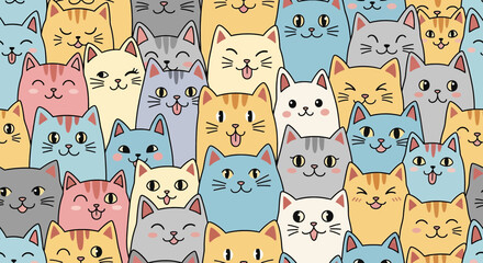 A seamless pattern featuring a variety of cute and colorful cartoon cat faces. The playful and whimsical design is perfect for children's projects, fabric, and pet-themed prints