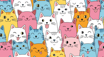 A seamless pattern featuring a variety of cute and colorful cartoon cat faces. The playful and whimsical design is perfect for children's projects, fabric, and pet-themed prints